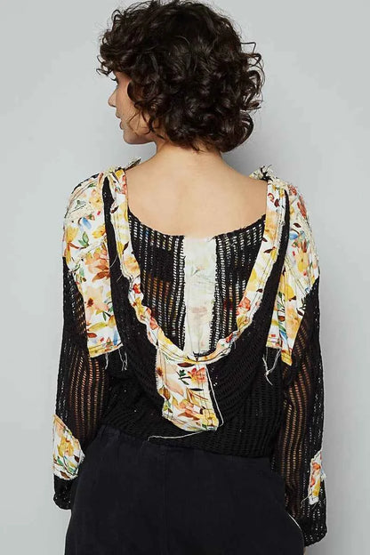 Vintage Washed Crochet Hoodie Top With Patchwork For Women Trendsi