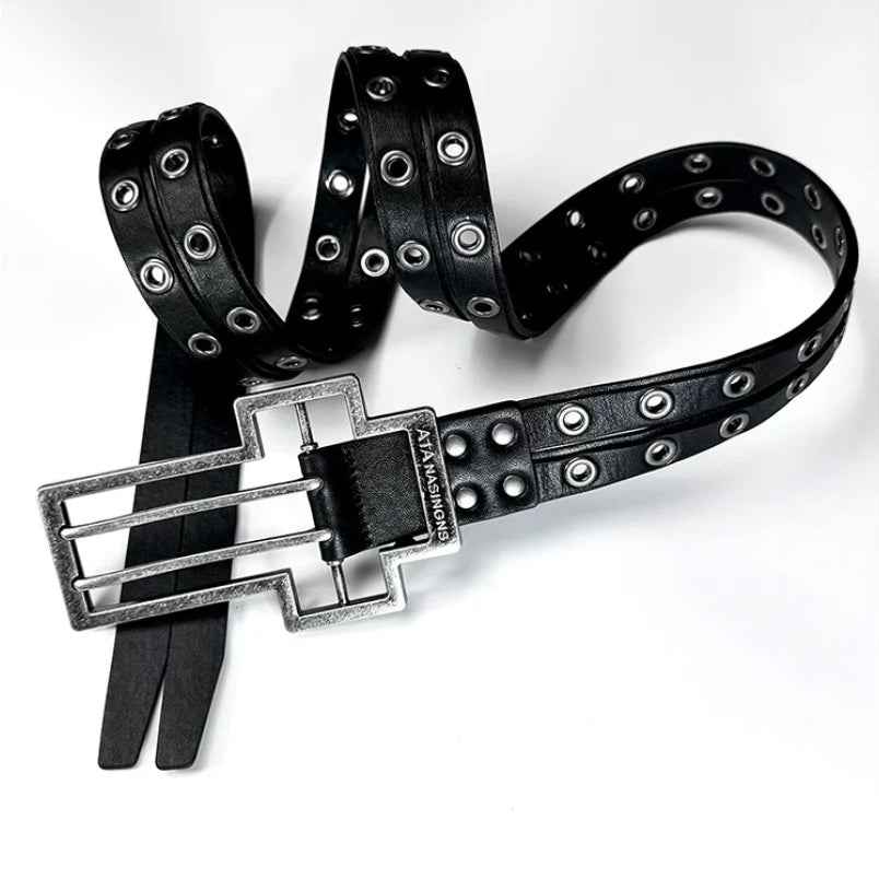 Distressed Cross-pattern Full-grain Leather Double-layer Belt
