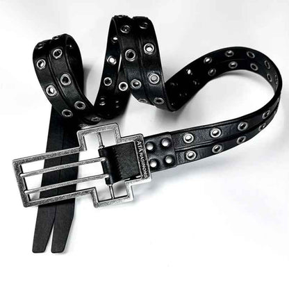 Distressed Cross-pattern Full-grain Leather Double-layer Belt