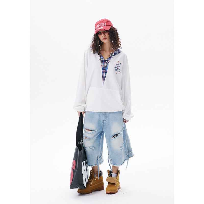 Japanese-style Retro Fake Two-piece Plaid Stitching Contrast Color Hoodie For Women MuddyStock