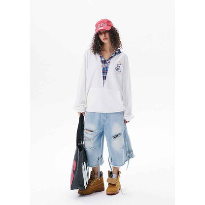 Japanese-style Retro Fake Two-piece Plaid Stitching Contrast Color Hoodie For Women MuddyStock