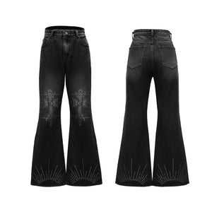 Water-washed Rhinestone Jeans With A Slight Flare For Men Black All Products