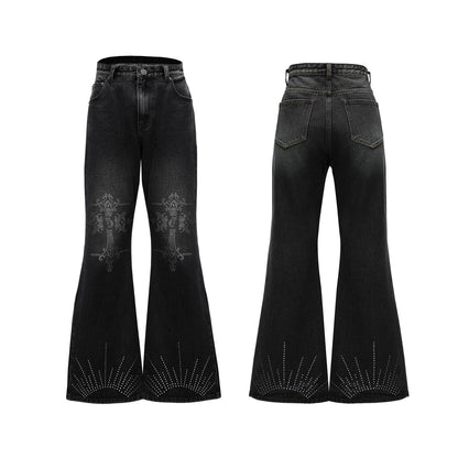 Water-washed Rhinestone Jeans With A Slight Flare For Men Black All Products