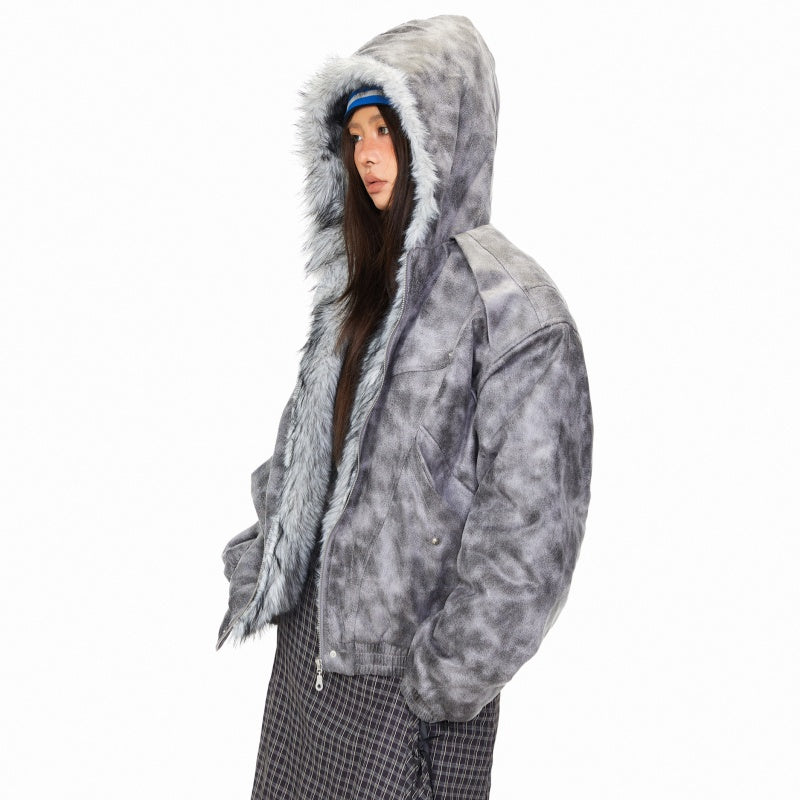 Tie-dye Deconstructed Patchwork Hooded Cotton Jacket For Women