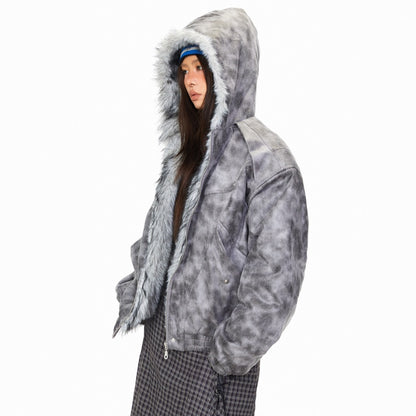 Tie-dye Deconstructed Patchwork Hooded Cotton Jacket For Women