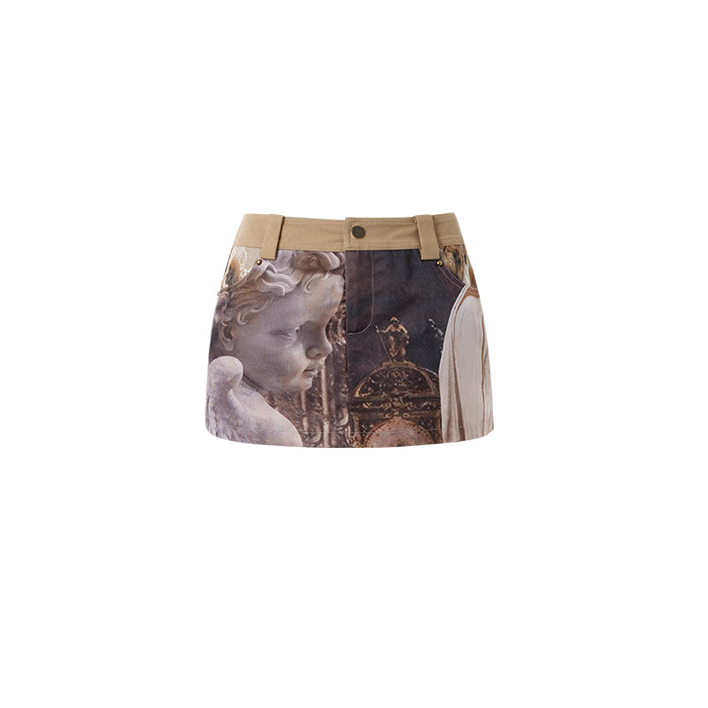 Vintage Design Print Skirt For Women Camel All Products