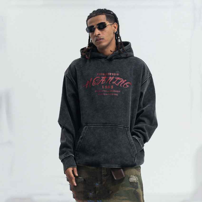 American Street Letter Printed Washed Distressed Hoodie For Men MuddyStock
