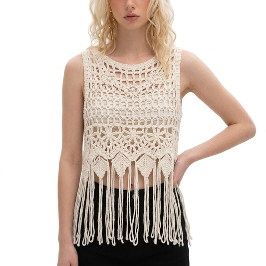 Brick inlaid tassel knitted sleeveless vest for women | MuddyStock Originals