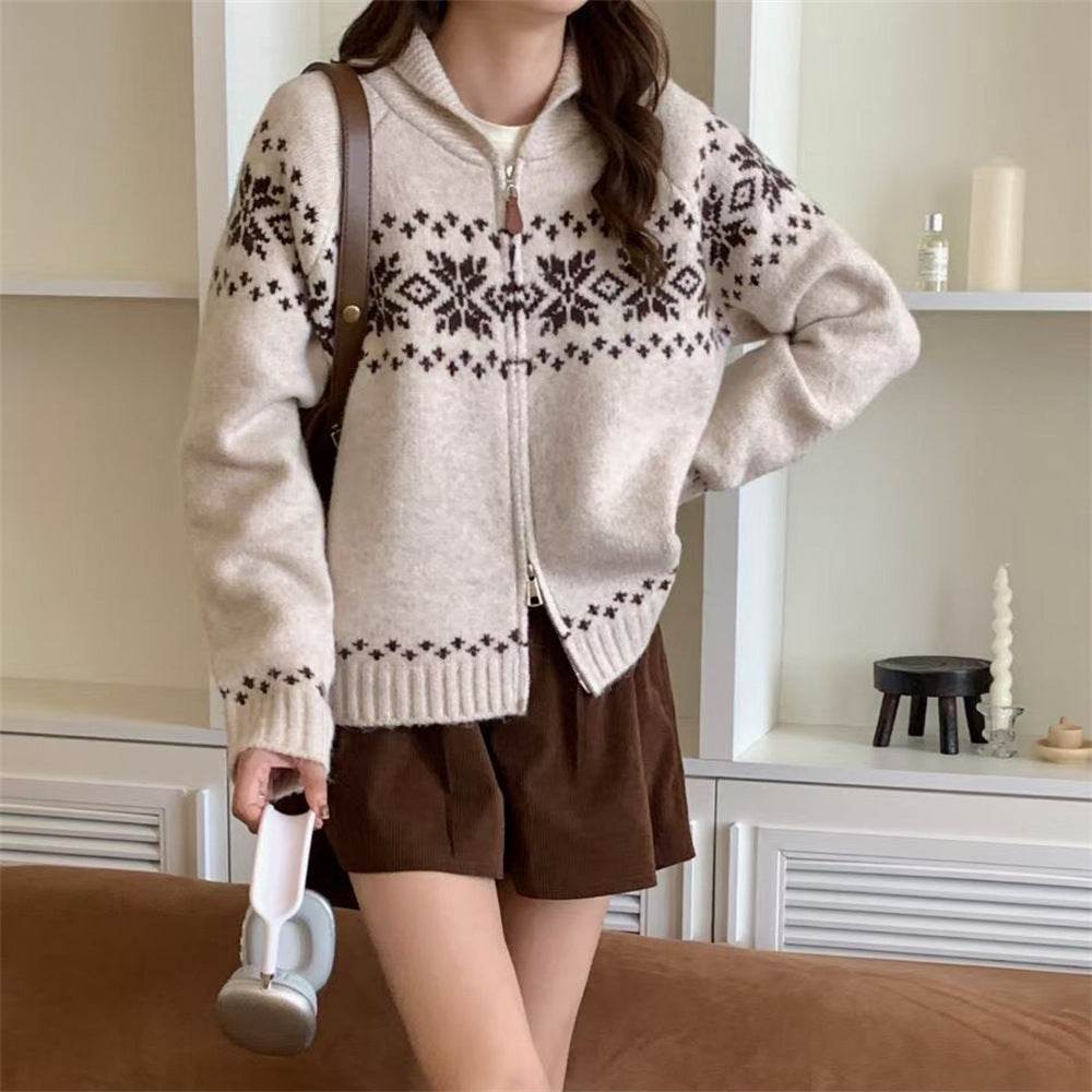 Retro Contrast Color Jacquard Weave Zip Sweater Women's Coat MuddyStock