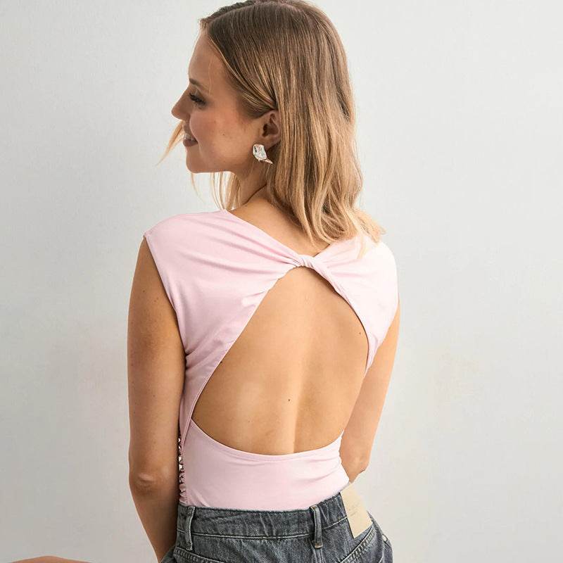 European And American Solid Color Off-neck Backless Slim Fit T-shirt Top MuddyStock