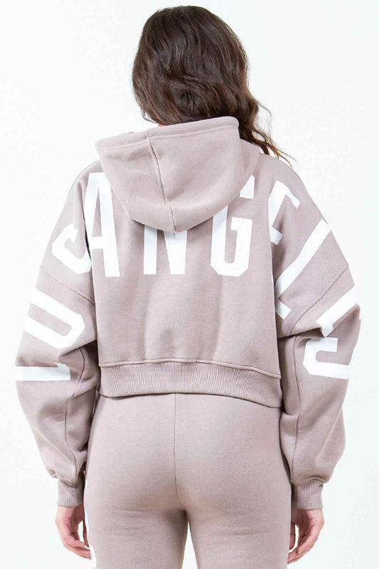 American Bazi Letter Graphic Long Sleeve Drawstring Cropped Hoodie For Women DUSTY ROSE WHITE Trendsi