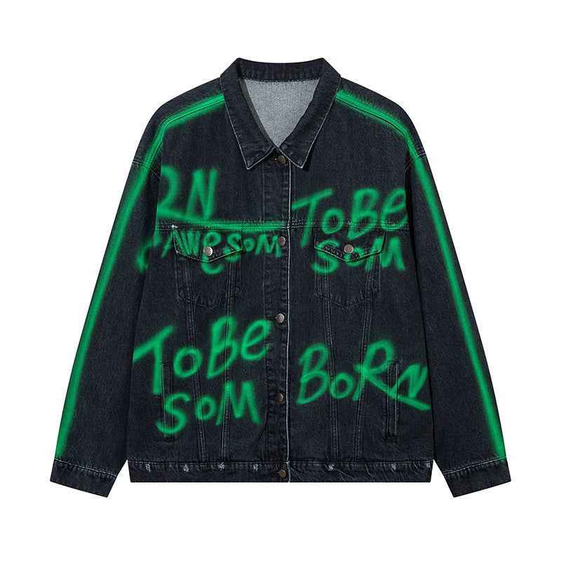 Hip Hop American Letters Inkjet Patterned Denim Jacket For Men And Women