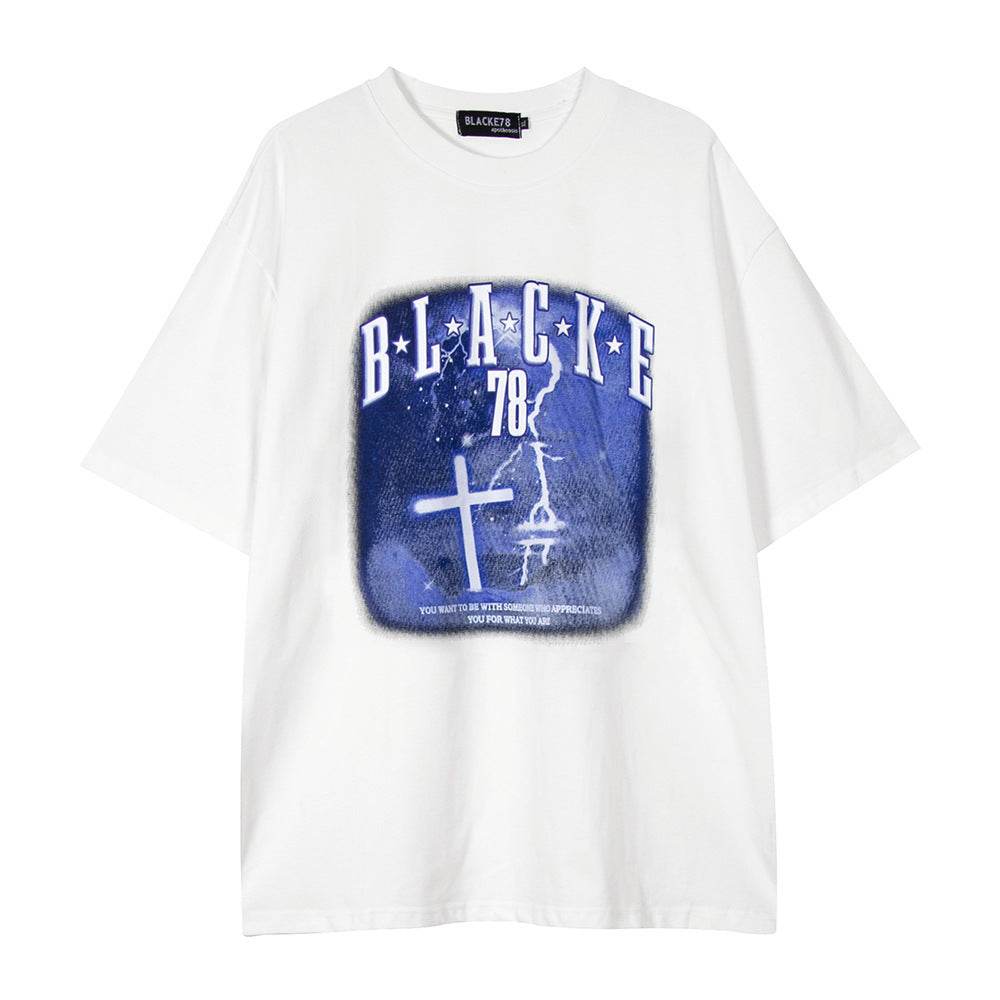 Fashion Cross Printed T-shirt Short Sleeve Men White MuddyStock