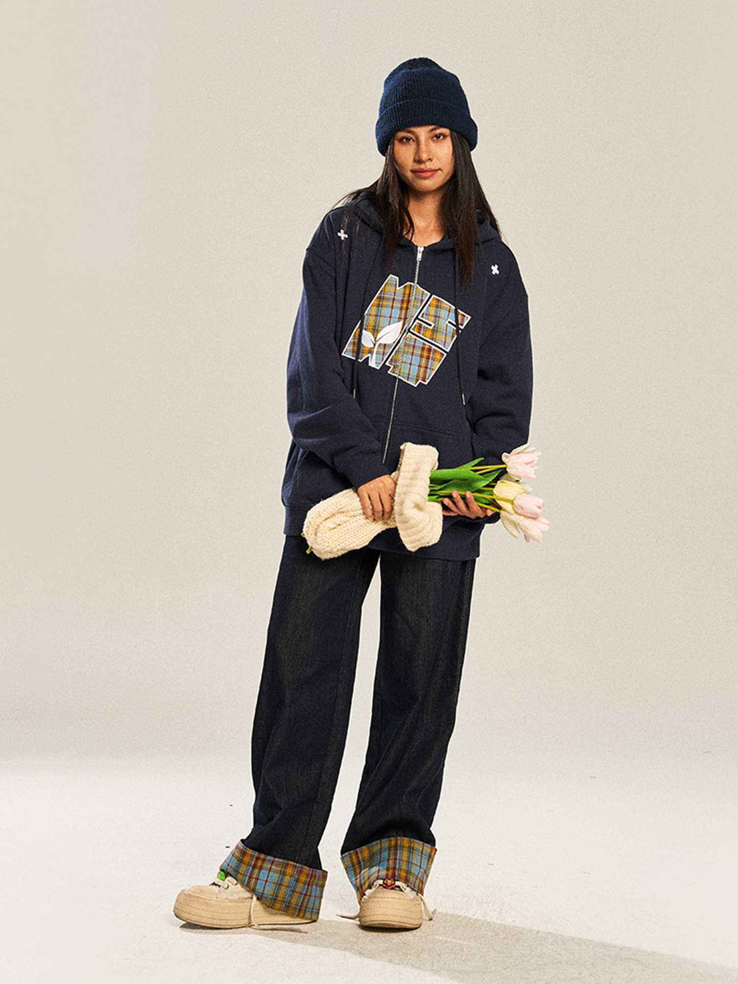 Retro Plaid Casual Straight-leg Wide Leg Jeans For Women MuddyStock