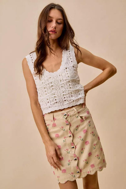 Floral Rose Print Cotton Twill Scallop Mini Skirt