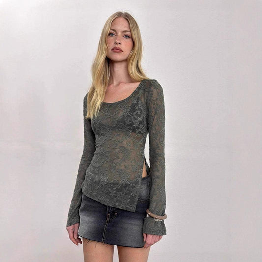 Round-neck Simple Lace Long-sleeve Top For Women