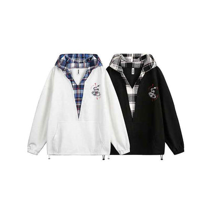 Japanese-style Retro Fake Two-piece Plaid Stitching Contrast Color Hoodie For Women MuddyStock