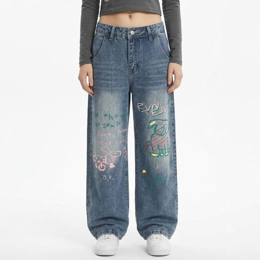 Fun retro graffiti puppy print jeans for women | MuddyStock Originals