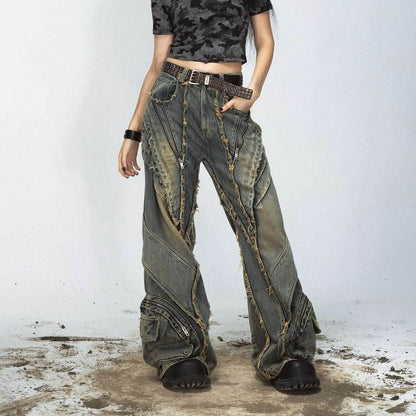 Heavy Industry Destroyed Raw Edge Stitching Jeans Retro Wide Leg Trousers MuddyStock