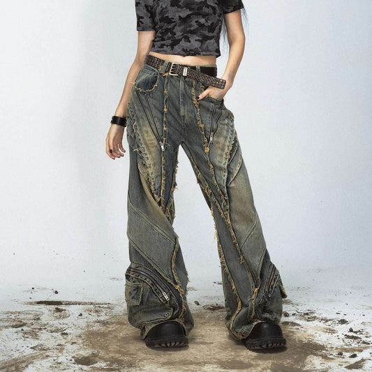 Heavy Industry Destroyed Raw Edge Stitching Jeans Retro Wide Leg Trousers MuddyStock