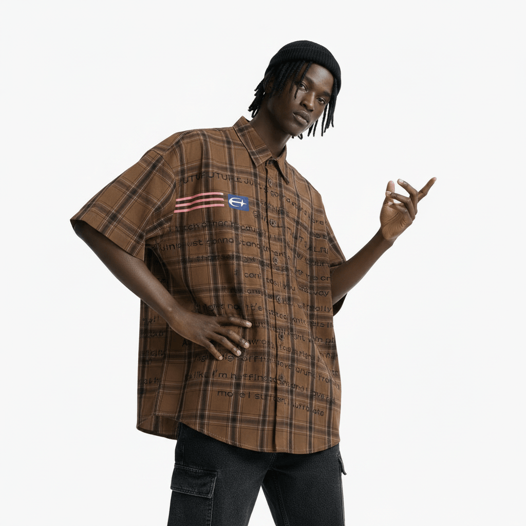 Loose Short Sleeve Plaid Shirt For Men null