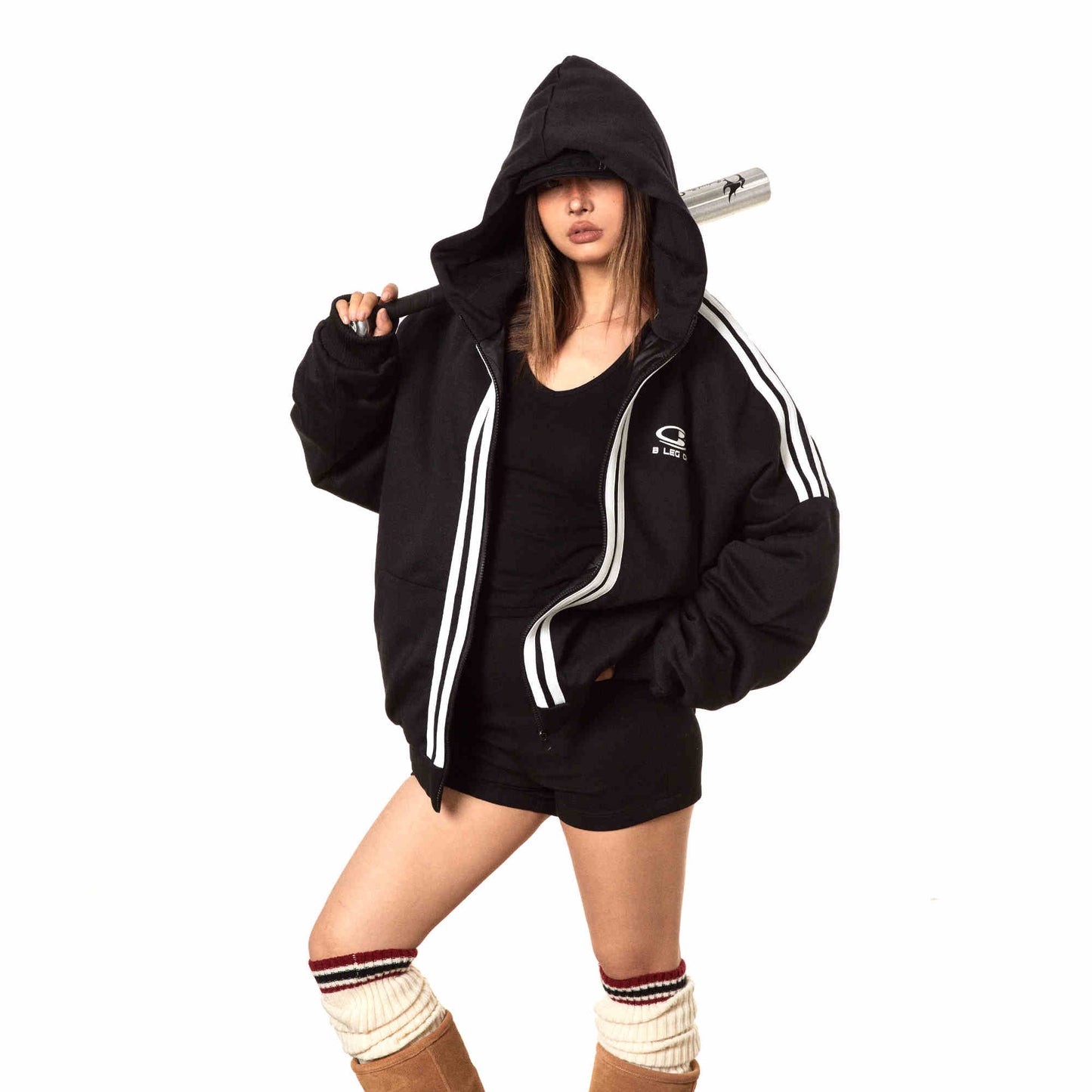 Retro Sports Hooded Cotton-padded Jacket For Women Black MuddyStock