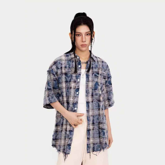 American Tie-dye Short Sleeve Plaid Shirt For Women MuddyStock