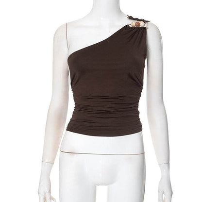 One-shoulder Knitted Vest Brown MuddyStock