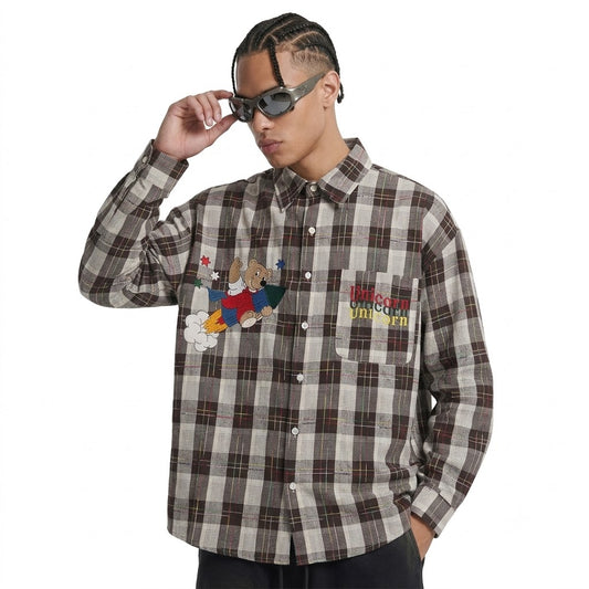 Cartoon Print Bear Lapel Long Sleeve Shirt For Men