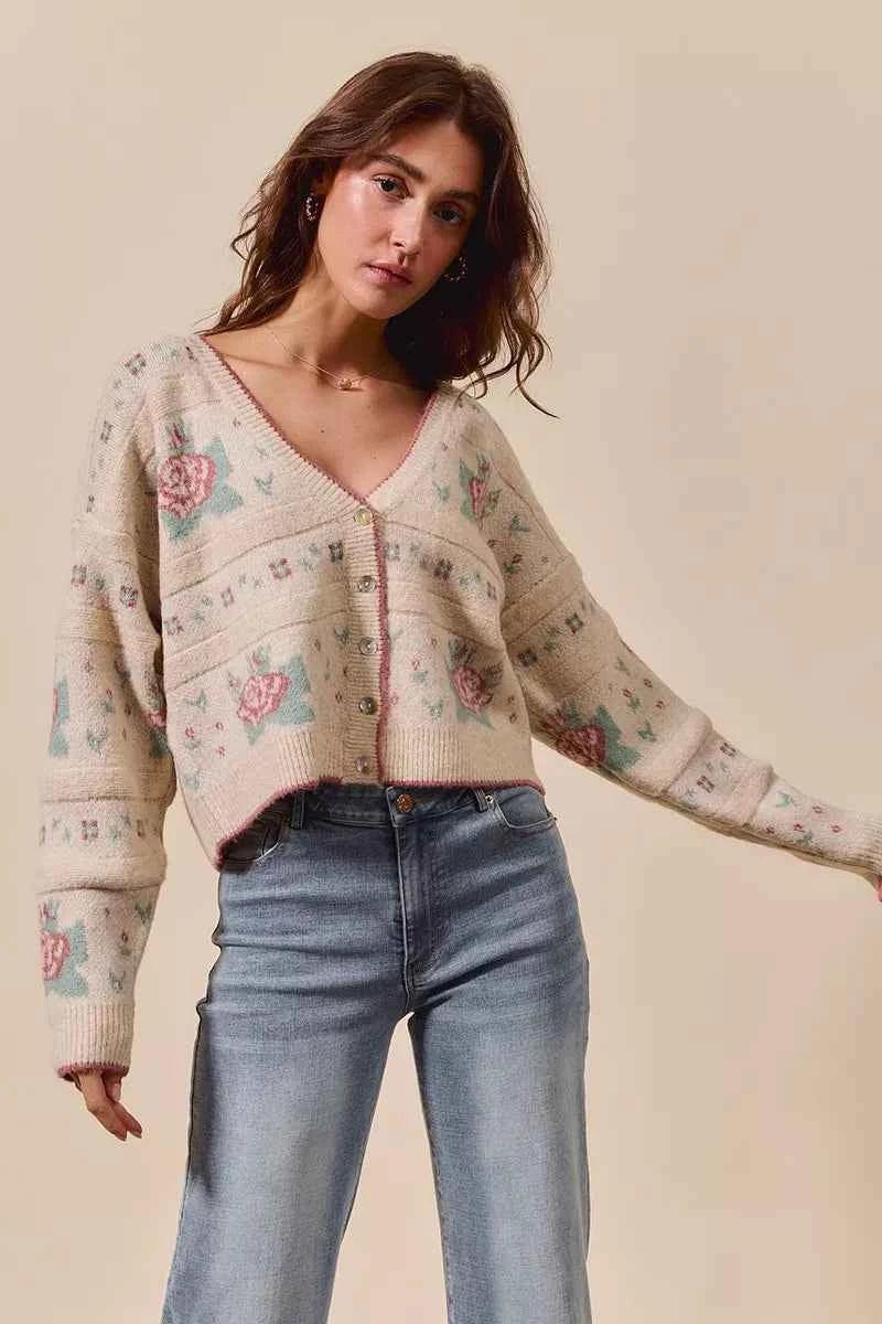Floral Pattern Long Sleeve Button Sweater Cardigan For Women Trendsi