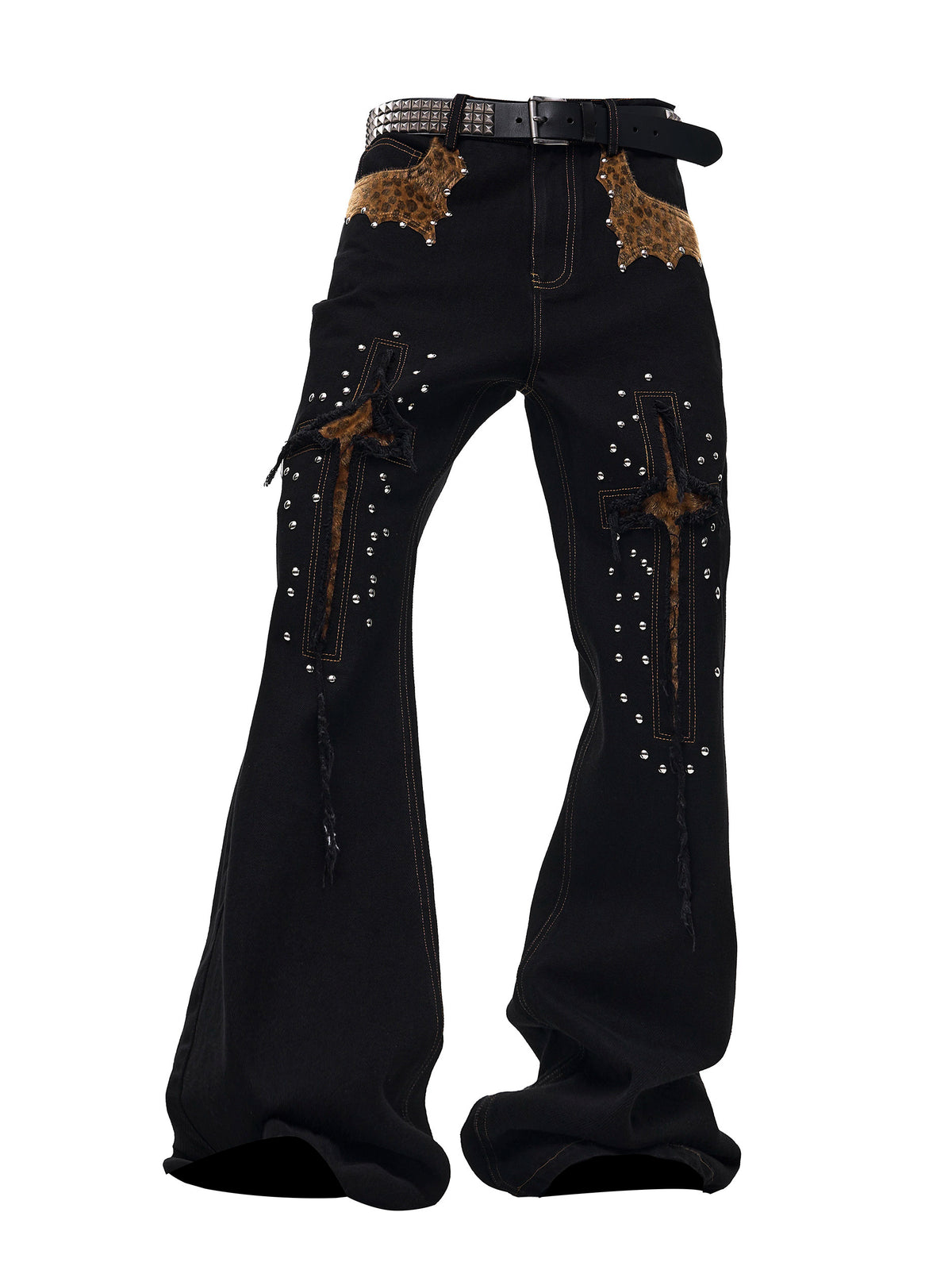 Men's Cropped Denim Jeans With Cross And Leopard Print Paneling All Products