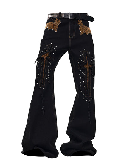 Men's Cropped Denim Jeans With Cross And Leopard Print Paneling All Products