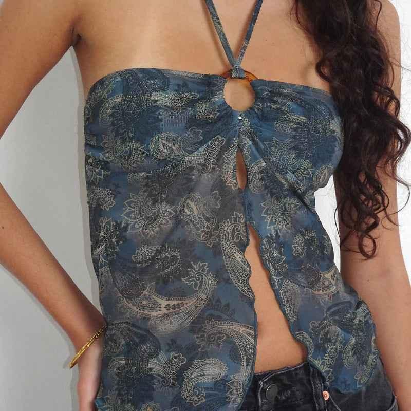 Classic Style Temperament Mesh Floral Print Halter Top For Women MuddyStock