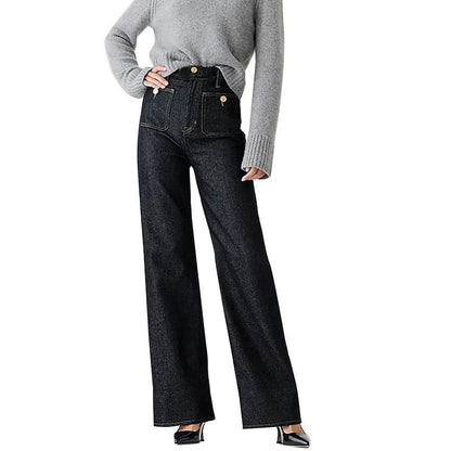 Women's Loose Leisure Washed-out Button Wide-leg Skinny Jeans Black And Long MuddyStock