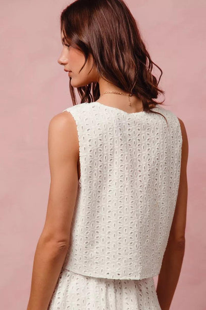 Floral Eyelet Lace Tie Front Vest Top and Tiered Mini Skirt Set