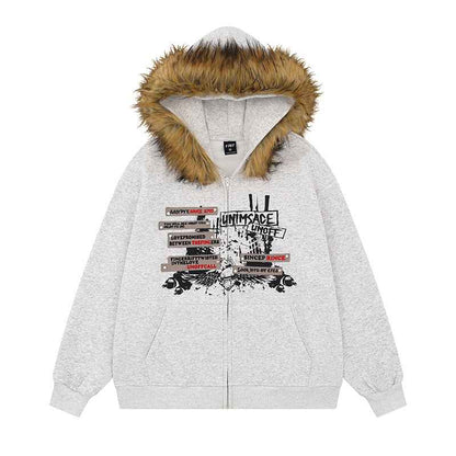 American High Street Decorative Rivets Fur Collar Hoodie For Women Melange Gray MuddyStock
