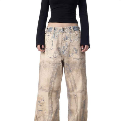 Retro Full Printed Washed Jeans For Men And Women brown MuddyStock