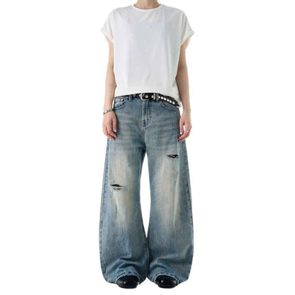 American-style Vintage Distressed Ripped Bootcut Jeans For Men