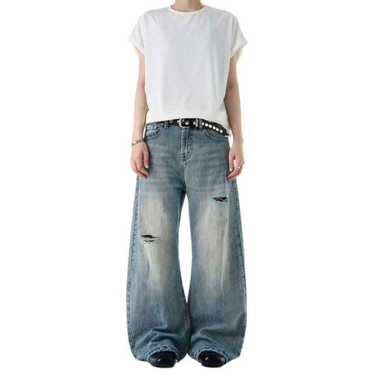 American-style Vintage Distressed Ripped Bootcut Jeans For Men