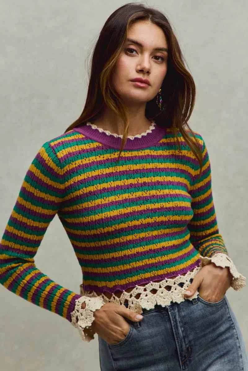 Mardi Gras Striped Cropped Knit Top with Crochet Edge For Women Trendsi