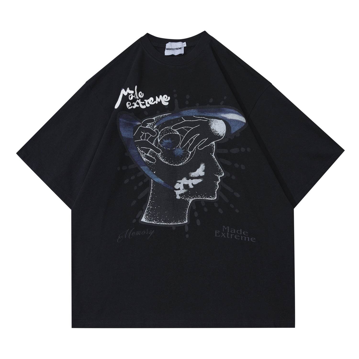 Street Fun Adhesive Letter Loose Short Sleeve For Men And Women Black MuddyStock