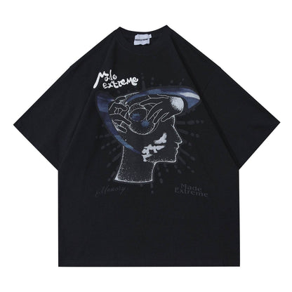 Street Fun Adhesive Letter Loose Short Sleeve For Men And Women Black MuddyStock