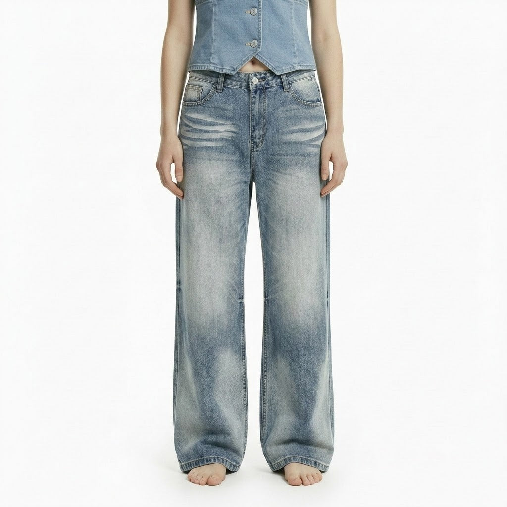 Vintage Street Cat-Whisker Pattern Loose Fit Women's Washed Blue Flared Jeans | MuddyStock Originals