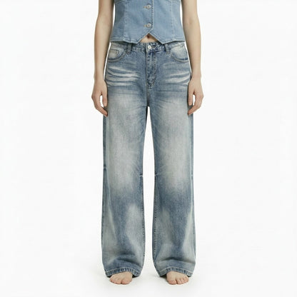 Vintage Street Cat-Whisker Pattern Loose Fit Women's Washed Blue Flared Jeans | MuddyStock Originals