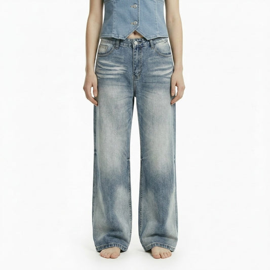 Vintage Street Cat-Whisker Pattern Loose Fit Women's Washed Blue Flared Jeans | MuddyStock Originals