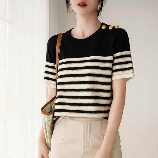 Knitted Short-sleeved Loose Striped T-shirt MuddyStock