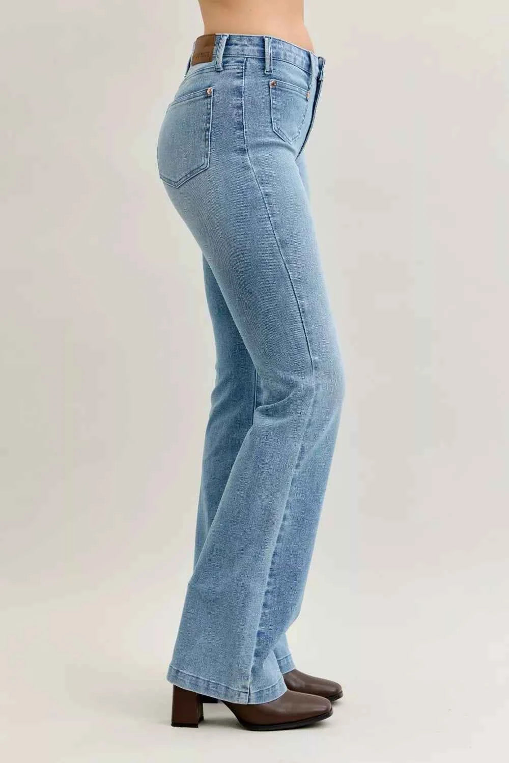 Judy Blue Full Size Mid Rise Bootcut Jeans with Contrast Wash & Front Patch Pockets For Women Trendsi