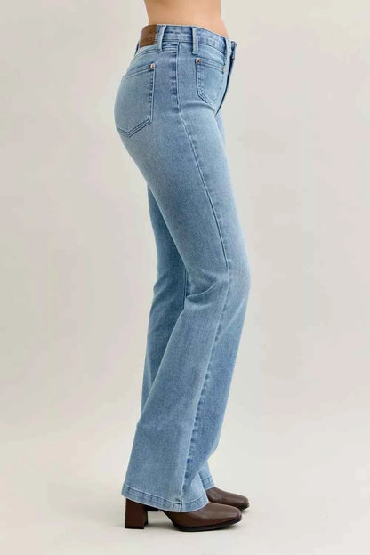 Judy Blue Full Size Mid Rise Bootcut Jeans with Contrast Wash & Front Patch Pockets For Women Trendsi