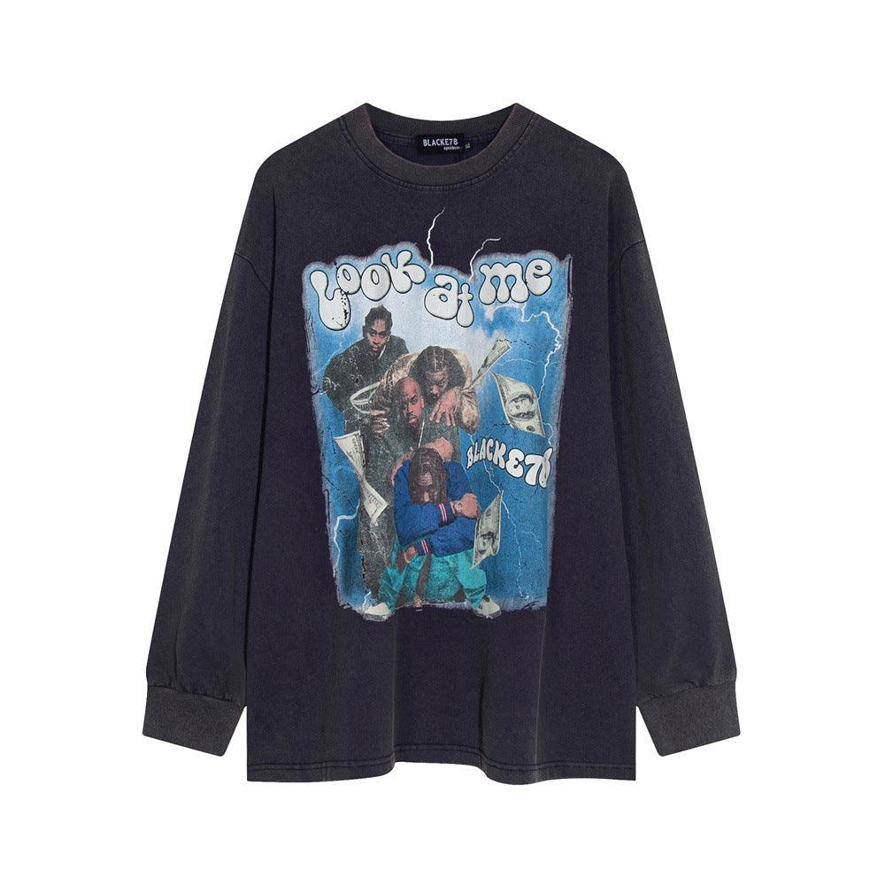 Men's Punk Wash Pure Cotton Long Sleeve t-shirt Distressed Blue null