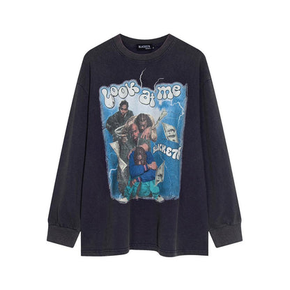 Men's Punk Wash Pure Cotton Long Sleeve t-shirt Distressed Blue null